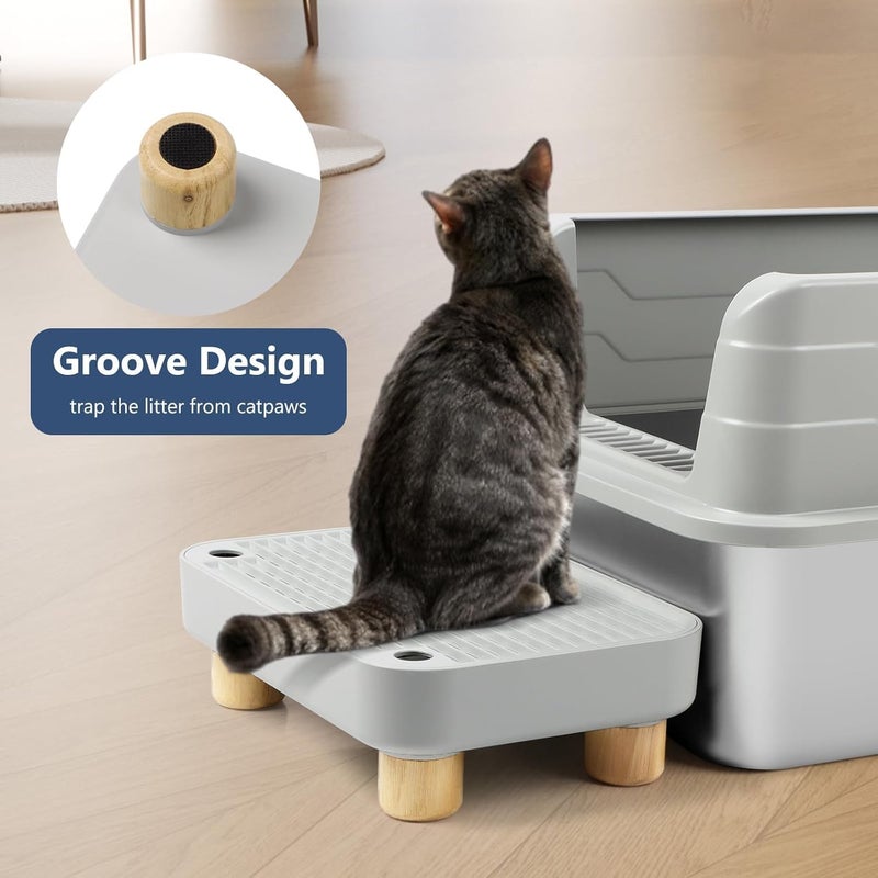 Lanstics Litter Box Step, Litter Box Ramp for Cats Grey Litter Catcher with Wooden Base Cat Steps for Litter Box Anti-Tracking & Easy to Clean for Kitten & Elderly Cats - Image 4